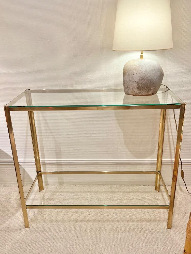 Bronze console with two glass. Maison Malabert, France circa 1970-80.