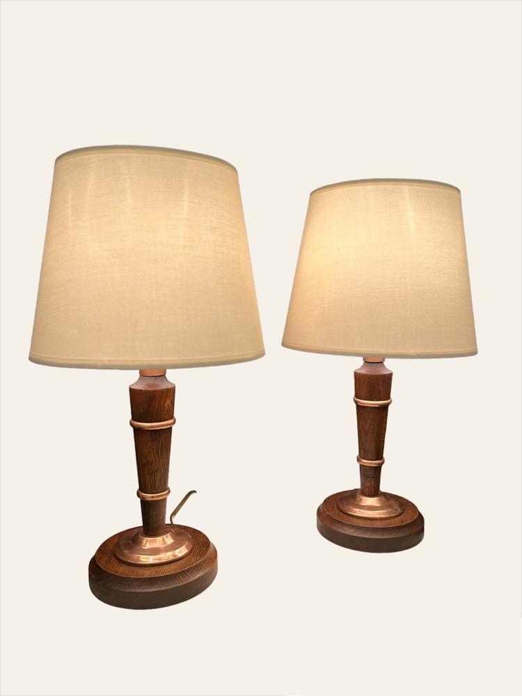 Pair of table lamps in oak and copper. France circa 1940.