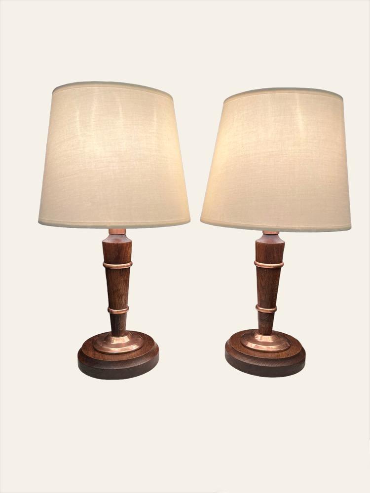 Pair of table lamps in oak and copper. France circa 1940.