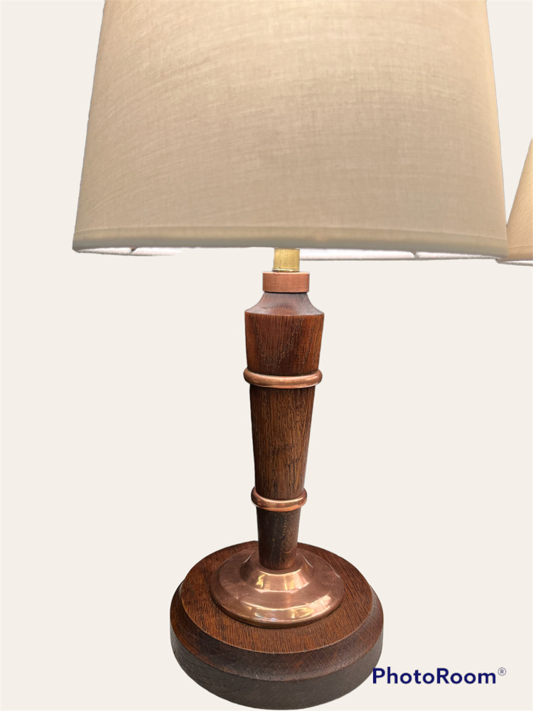 Pair of table lamps in oak and copper. France circa 1940.