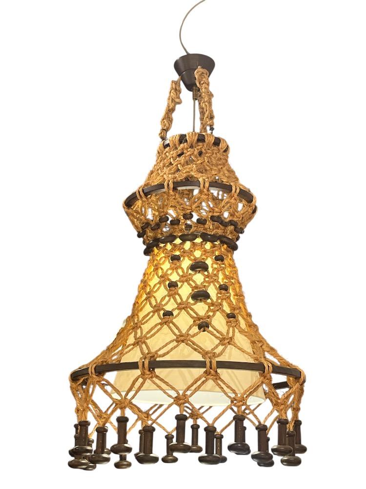 Rope and wood chandelier. France circa 1970.