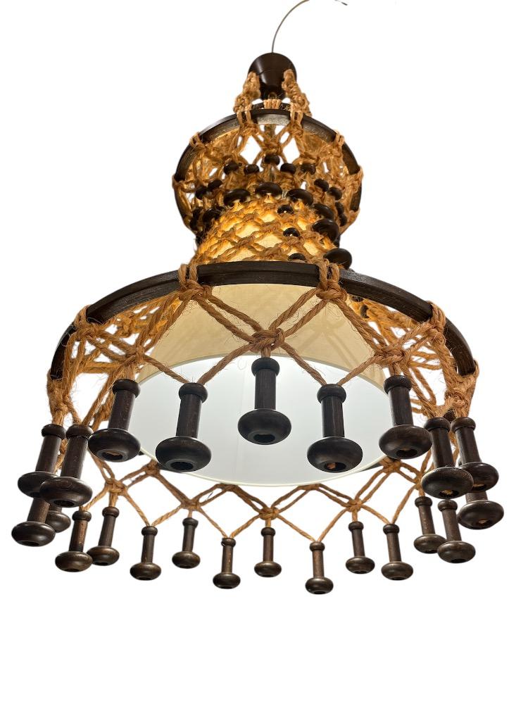 Rope and wood chandelier. France circa 1970.