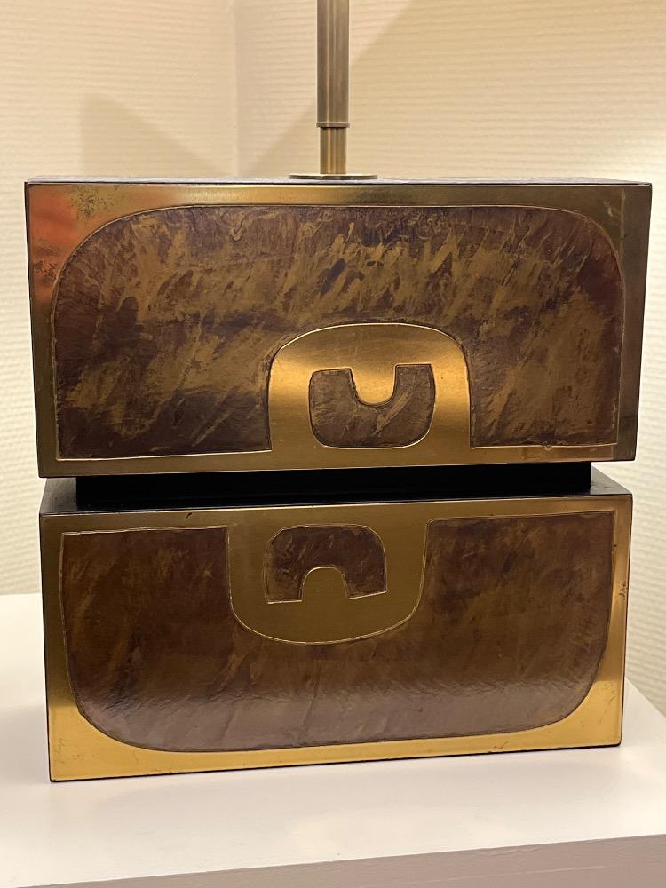 wooden lamp decorated with polished and patinated brass ornamentation, Jean Blazy, France circa 1970.