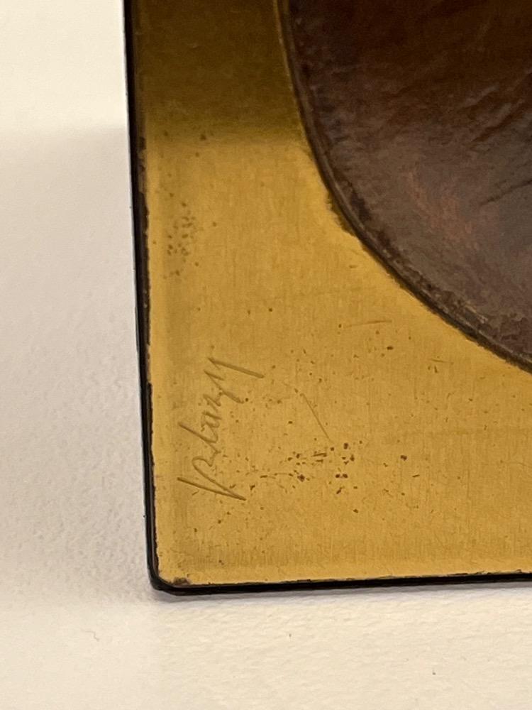 wooden lamp decorated with polished and patinated brass ornamentation, Jean Blazy, France circa 1970.