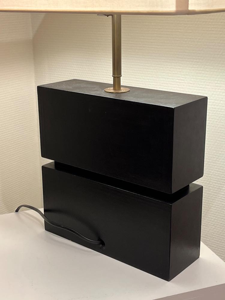 wooden lamp decorated with polished and patinated brass ornamentation, Jean Blazy, France circa 1970.